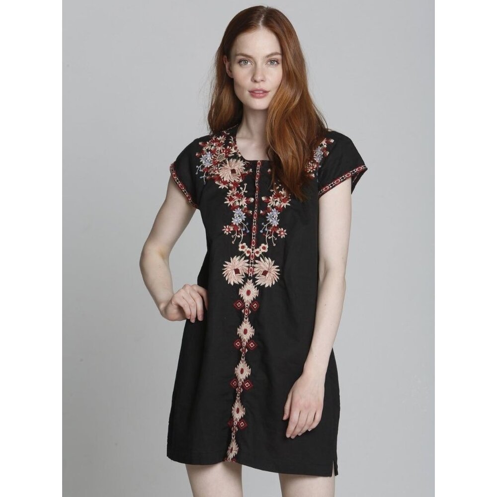 Anthropologie‎ Driftwood Carmen Embroidered Tunic Dress Black Mini Shift Sz XL
